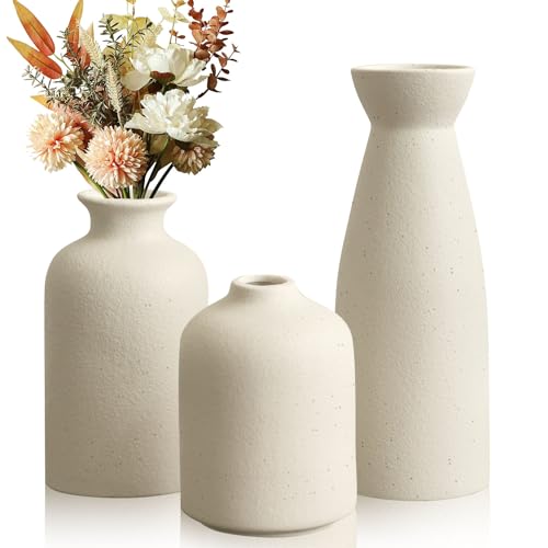 Lighterday 3er Boho Vase Set, Keramik Vasen Modern Deko, Schwarze Blumenvase, Kleine Für Pampasgras Blume, Für Wohnzimmer Tisch Fensterbank Deko (Beige-B) von Lighterday