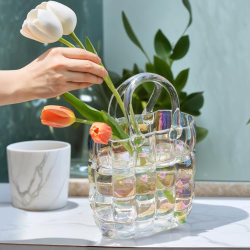 Lighterday Vase Glas Bunt,Glas Handtasche Vase,Blumenvase Modern Durchsichtig,Handtasche Glasvase,Kleine Vasen Glasvasen für Tischdeko,Tulpenvase GlasBunt von Lighterday