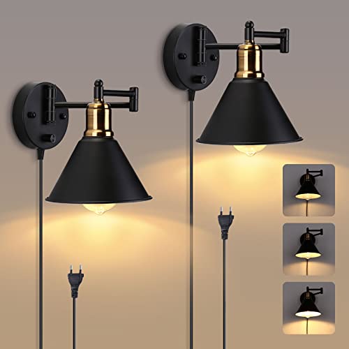 Lightess 2 Stück Wandleuchten Innen, Vintage Wandleuchte mit Kabel und Zuleitung, Dimmbar Wandlampe in Schwarz E27, Retro Metall Wandbeleuchtung für Wohnzimmer Schlafzimmer (Ohne Glühbirnen) von Lightess