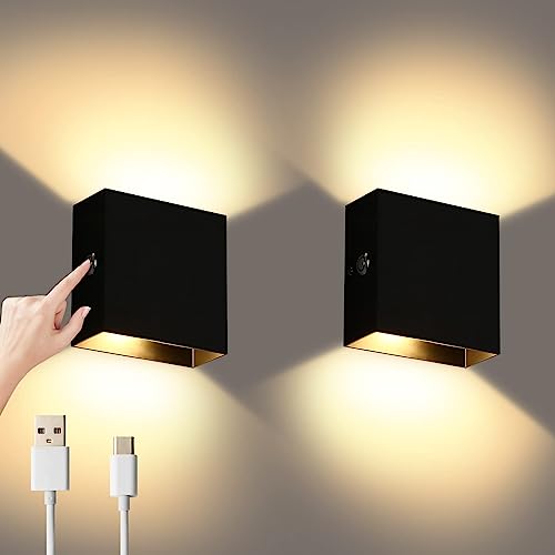 Lightess LED Wandleuchte Innen Wandlampe Akku ohne Stromanschluss Kabellose Wandlampe Touch Dimmen Magnetisch Wandleuchten Unendliches Dimmen für Schlafzimmer Wohnzimmer 2 Stück Schwarz Warmweiß von Lightess