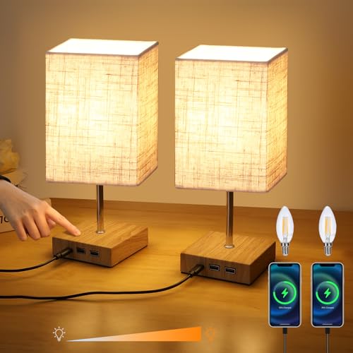 Lightess 2er Set Nachttischlampe Touch Dimmbar Holz Tischlampen USB Tischleuchten LED Modern Retro Stoffshirm mit E14 Glühbirne Warmweiss für Wohnzimmer Schlafzimmer Tisch Kinderzimmer, Beige von Lightess