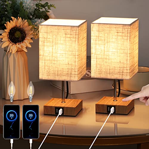 Lightess 2er Set Nachttischlampe Touch Dimmbar Holz Tischleuchte USB LED Tischlampe Dimmbar Modern Retro Stoffshirm mit E14 Glühbirne Warmweiss für Wohnzimmer Schlafzimmer Tisch Kinderzimmer, Beige von Lightess