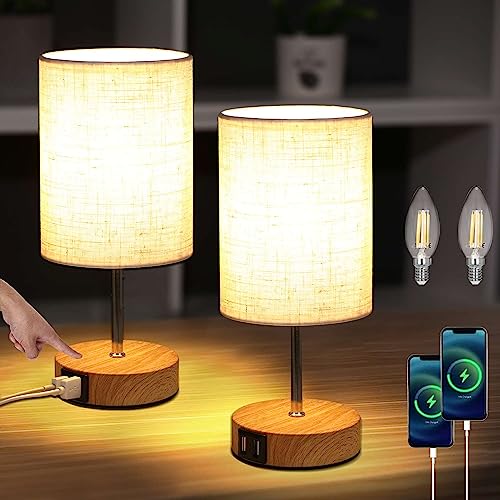 Lightess 2er Set Nachttischlampe USB Touch LED Tischlampe Dimmbar Modern Vintage mit Holz Basis Retro Stoffshirm mit E14 Glühbirne Warmweiss für Wohnzimmer Schlafzimmer Tisch Kinderzimmer, Beige von Lightess