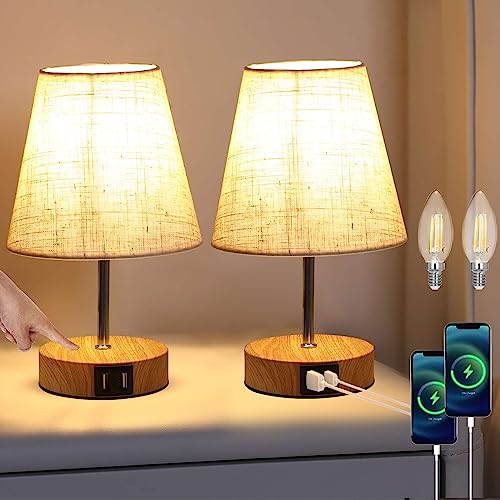 Lightess 2er Set Nachttischlampe Touch Dimmbar Tischleuchten USB LED Tischlampen Modern Vintage mit Holz Basis Retro Stoffshirm mit E14 Glühbirne Warmweiss für Wohnzimmer Schlafzimmer Tisch, Beige von Lightess