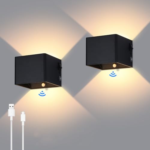 Lightess 2er Akku Wandleuchte Innen mit Bewegungsmelder LED Wandlampe Kabellos Batterie Lampe mit Schalter Wandbeleuchtung Ohne Stromanschluss für Schlafzimmer Flur Trepenhuas Wohnzimmer usw Schwarz von Lightess