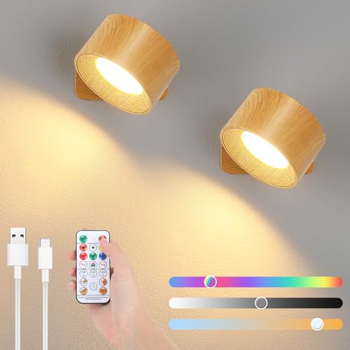 Lightess 2er Set RGB LED Wandleuchte Innen Ohne Stromanschluss Akku Wandlampe Dimmbar mit Fernbedienung & Touch Control 360° drehbar Holz Farbe, 3-Farbtemperaturen für Wohnzimmer Schlafzimmer Flur von Lightess