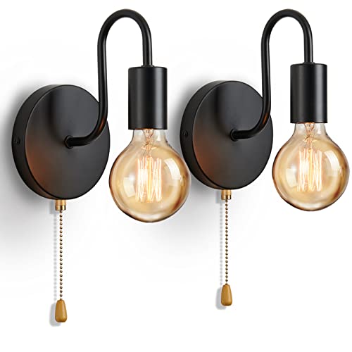 Lightess 2pcs Wandlampe mit Schalter Vintage Innen, Wandleuchte Schwarz mit Zugschalter, Industrial Retro Lampe Wand E27 Schlafzimmer Wohnzimmer Flur von Lightess