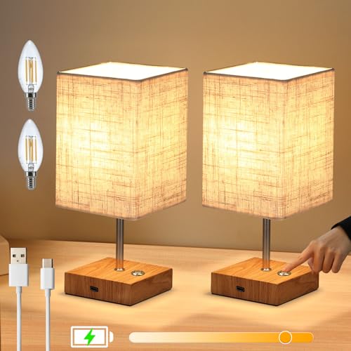 Lightess 2x Tischlampe Kabellos Nachttischlampe Dimmbar Touch Holz Akku Tischleuchte USB Modern Vintage mit E14 Glühbirne Warmweiss für Wohnzimmer Schlafzimmer Tisch Kinderzimmer, Beige Hölzerne von Lightess