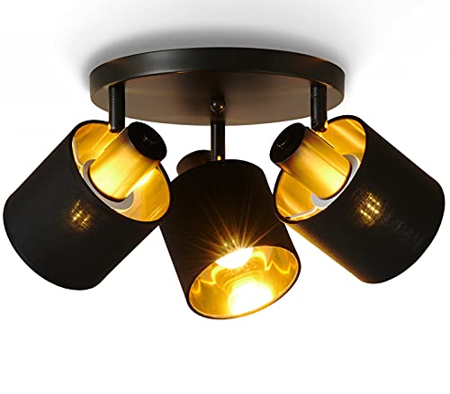 Lightess Deckenlampe Vintage Stoff Deckenleuchte Schwarz Gold E27 Retro Lampe Stoffdeckenleuchte Verstellbaren Strahlern LED Deckenstrahler Textilschirm 3-flammig Spotleuchte Ohne Lichtquelle von Lightess