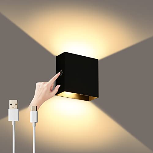 Lightess LED Wandleuchte Innen Wandlampe Akku Touch Dimmen Wandleuchte ohne Stromanschluss Kabellose Aufladbar USB Magnetisch Wandlampe Up Down für Schlafzimmer Wohnzimmer Schwarz-Warmweiß von Lightess