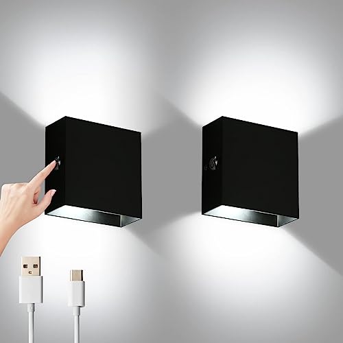 Lightess LED Wandleuchte Innen Wandlampe Akku ohne Stromanschluss Kabellose Wandlampe Touch Dimmen Magnetisch Wandleuchten Unendliches Dimmen für Schlafzimmer Wohnzimmer 2 Stück Schwarz Kaltweiß von Lightess