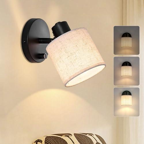 Lightess Wandlampe mit Schalter Dimmbar Vintage Stoff Wandleuchte E27 Retro Lampe Innen mit Leinen Lampenschirm für Wohnzimmer Schlafzimmer von Lightess
