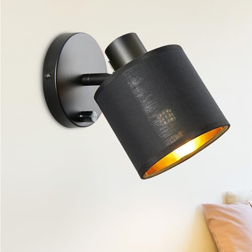 Lightess Wandlampe mit Schalter Vintage Spotleuchte Stoff Wandleuchte Strahlern E27 Retro Lampe Innen LED Wandstrahler Textilschirm Schwarz Lampenschirm für Wohnzimmer Schlafzimmer Ohne Lichtquelle von Lightess