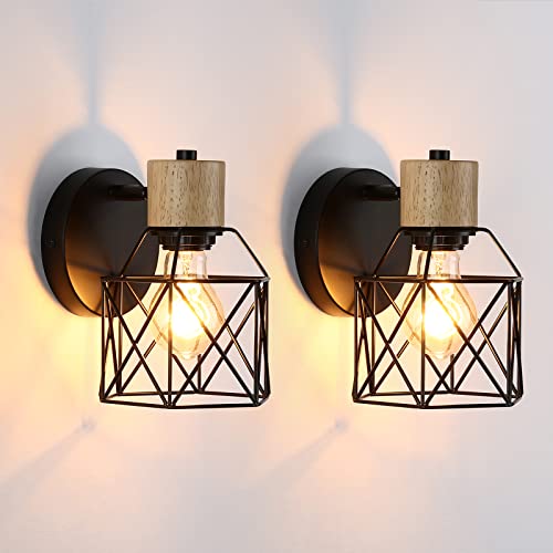 Lightess 2 Set Wandleuchte Innen Vintage Wandlampe Industrial Schwarz E27 Wandstrahler Holz Eisenkäfig Wand Lampen Verstellbare für Wohnzimmer Schlafzimmer Flur von Lightess