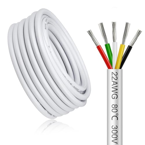 10 Meter 22AWG 5x0,3mm² Elektrischer Kabel, 5 Adriges Kabel 5V/12V/24V/300V Weiß Verzinntes Kupferkabel, Flexibel und Weich Niedrige Impedanz Hohe Temperaturbeständigkeit Verlängerungskabel von LightingWill