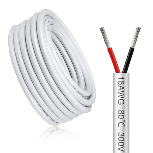 20 Meter 16AWG 2x1,5mm² Elektrischer Kabel, 2 Adriges Kabel 5V/12V/24V/300V Weiß Verzinntes Kupferkabel, Flexibel und Weich Niedrige Impedanz Hohe Temperaturbeständigkeit Verlängerungskabel von LightingWill