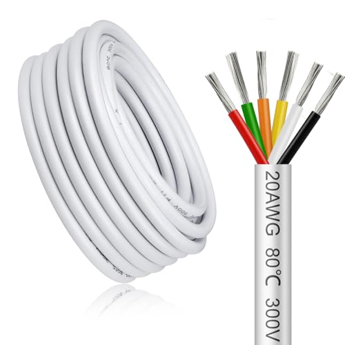 20 Meter 20AWG 6x0,5mm² Elektrischer Kabel, 6 Adriges Kabel 5V/12V/24V/300V Weiß Verzinntes Kupferkabel, Flexibel und Weich Niedrige Impedanz Hohe Temperaturbeständigkeit Verlängerungskabel von LightingWill