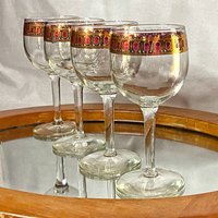 Weinglas Set Cranberry Scroll Culver 1960Er Jahre Rubinrot 22K Gold Vintage Stemware 4 Kelche Barware Mid Century Bar von LightlySaucedRetro