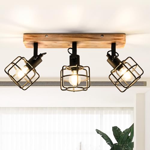 Lightoons LED Deckenstrahler Holz， 3 flammige Deckenlampe in Schwarz, 350° schwenkbar, E14 MAX. 50W, LED Wandstrahler für Wohnzimmer, Schlafzimmer und Küche (Leuchtmittel nicht enthalten) von Lightoons