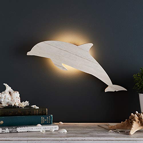 Lights4fun 18er LED Holz Delfin LED Nachtlicht Wandleuchte mit Fernbedienung und Timer Kinderzimmer Deko von Lights4fun