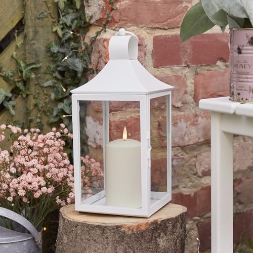 Lights4fun 25cm Laterne Weiß Metall mit TruGlow® LED Kerze mit Timer Gartenlaterne für draußen von Lights4fun