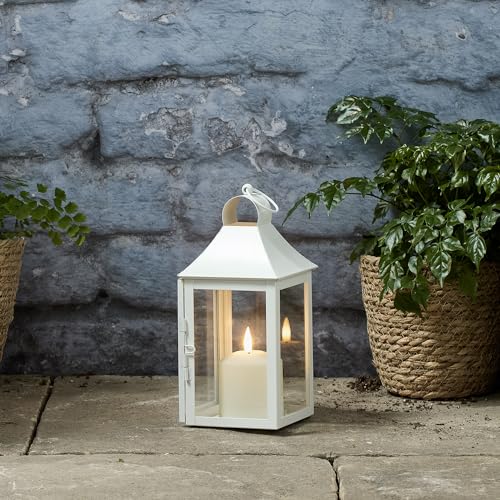 Lights4fun 25cm Laterne Weiß Metall mit TruGlow® LED Kerze mit Timer Gartenlaterne für draußen von Lights4fun