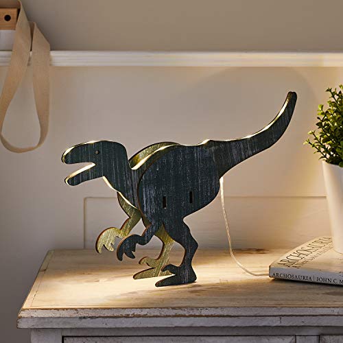 Lights4fun 27er LED Nachtlicht Holz Dinosaurier Velociraptor Nachttischlampe 24cm Nachtlicht Kinderzimmer Deko von Lights4fun