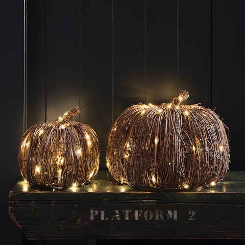 Lights4fun 2er Set LED Kürbis Rattan Optik Batteriebetrieb Timer Halloween Deko Outdoor Herbst Dekoration Halloween Kürbis Outdoor von Lights4fun