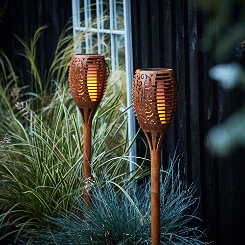 Lights4fun 2er Set LED Solar Fackeln in Holz Optik 80cm Gartenfackeln Solarbetrieben für Außen Solarlampen für Außen Solarleuchten Garten Deko Gartenbeleuchtung von Lights4fun