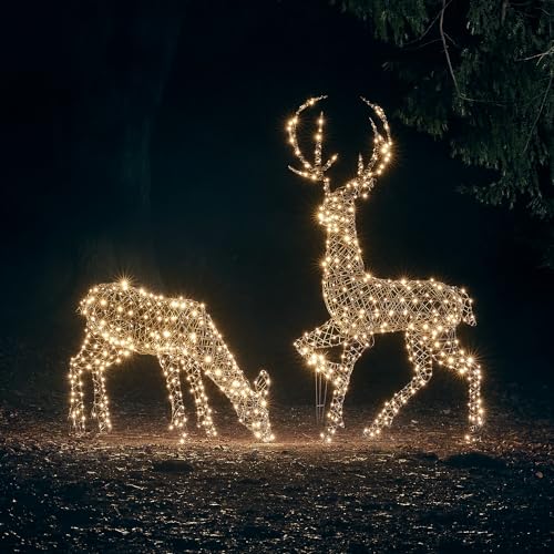 Lights4fun 2er Set Studley LED Rattan Rentier Familie XL Hirsch Figur Bicolor Timer Weihnachtsbeleuchtung Außen Innen Weihnachtsdeko Weihnachtsfigur von Lights4fun