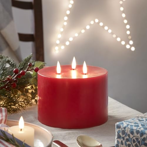 Lights4fun 3 Docht LED TruGlow® Kerze Rot Timer Batterie Weihnachtsdeko Innen Weihnachtsbeleuchtung 15cm von Lights4fun