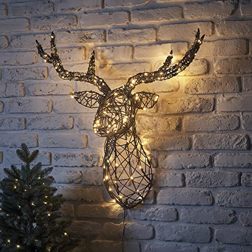 Lights4fun 3-in-1 Harlow LED Rattan Rentier Kopf Hirschgeweih Timer Weihnachtsbeleuchtung Außen und Innen Weihnachtsfigur von Lights4fun