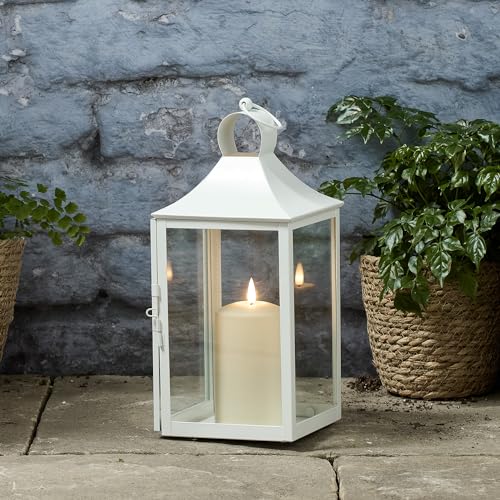 Lights4fun 34cm Laterne Weiß Metall mit TruGlow® LED Kerze mit Timer Gartenlaterne für draußen von Lights4fun