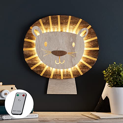 Lights4fun 36er LED Holz Löwe LED Nachtlicht Wandleuchte mit Fernbedienung und Timer Wandlampe Kinderzimmer Deko von Lights4fun