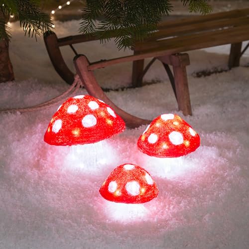 Lights4fun 3er Set LED Acryl Pilze innen und außen Weihnachtsfigur Weihnachtsdeko Weiß Weihnachtsbeleuchtung Außen von Lights4fun