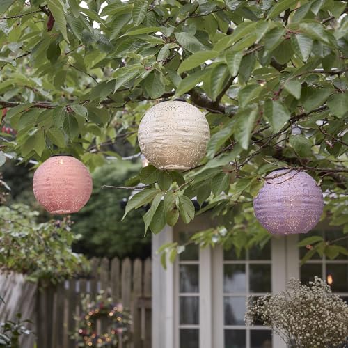 Lights4fun 3er Set Tyvek LED Pastellfarbene Solar Lampions Altrosa Violett Weiß Marokkanische Laternen Außen Gartenbeleuchtung Outdoor Dekoration Solarlaternen Solarleuchte Solarlampe 20 cm von Lights4fun