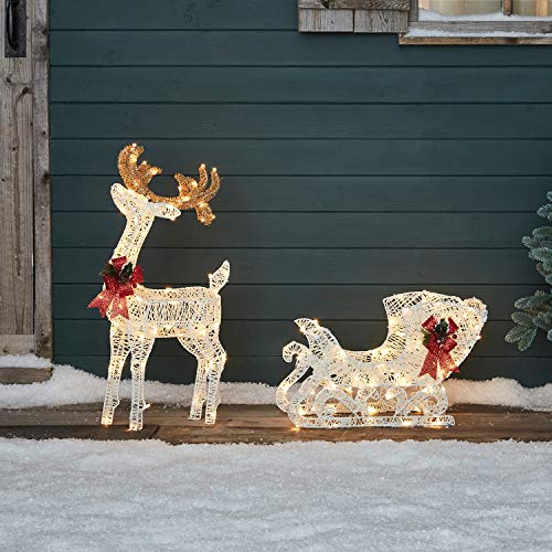 Lights4fun 70cm LED Rentier mit Schlitten warmweiß strombetrieben Timer Weihnachtsbeleuchtung für außen und innen Weihnachtsfigur von Lights4fun