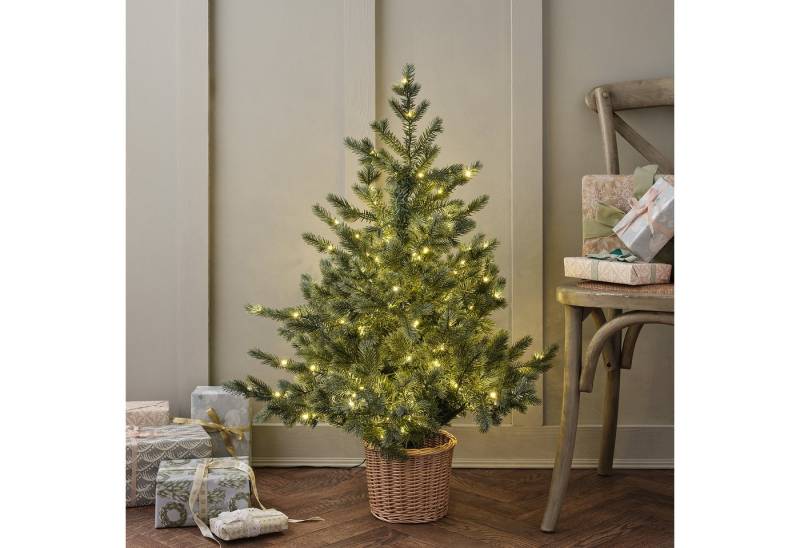 Lights4fun Künstlicher Weihnachtsbaum 90cm Bicolor Micro LED Weihnachtsbaum im Rattan-Korb von Lights4fun