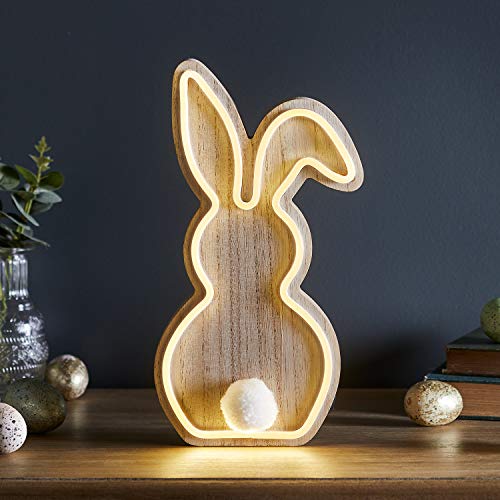 Lights4fun LED Neon Osterhase aus Holz warmweiß 30cm batteriebetrieben Osterdeko von Lights4fun