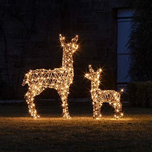 Lights4fun Studley LED Rattan Rentier Figur REH und Rehkitz 98 und 60cm Timer Weihnachtsbeleuchtung Außen und Innen von Lights4fun