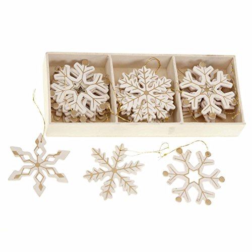 Set von 24 Creme & Golden Schneeflocke Holz Weihnachtsbaumdekoration von Lights4fun von Heaven Sends