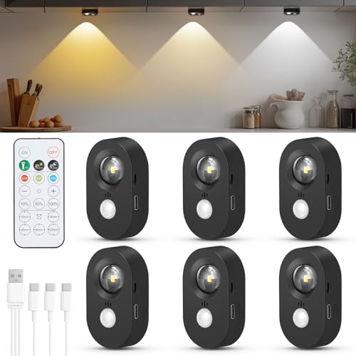 Lightsjoy 6 Stück LED Spot Akku mit Fernbedienung Kabellos Schrankbeleuchtung mit Bewegungsmelder 3 Farbtemperaturen Dimmbar Vitrinenbeleuchtung USB Aufladbar Unterbauleuchte Küche mit Timing Schwarz von Lightsjoy