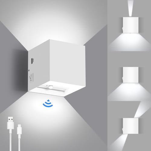 Lightsjoy Akku Wandlampe Innen mit Bewegungsmelder LED wandleuchte Weiß Kabellos Batterie Lampe USB Aufladbare mit Schalter Einstellbar Abstrahlwinkel Wandbeleuchtung Flur und Treppenhaus-kaltweiß von Lightsjoy