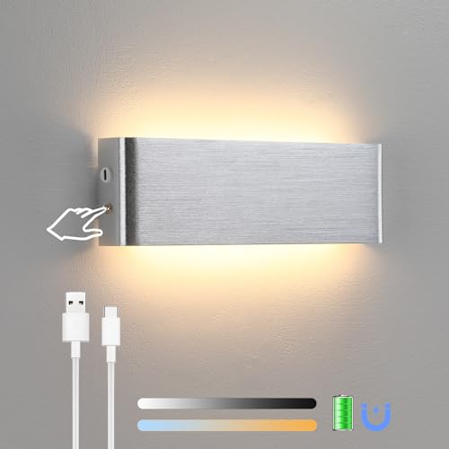 Lightsjoy Akku Wandlampe Innen Kabellos Dimmbare LED Moderne Wandleuchte Aufladbar USB mit Touch Control,Up Down Batterie Wandbeleuchtung Für Schlafzimmer Korridor Wohnzimmer Treppe usw,Silber von Lightsjoy