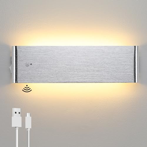 Lightsjoy Akku Wandlampe Innen Kabellos mit Bewegungsmelder LED Wandleuchte Silber Batterie Lampe USB Aufladbare mit Schalter Wandbeleuchtung Magnetische Flurlampe für warmweißem Licht von Lightsjoy