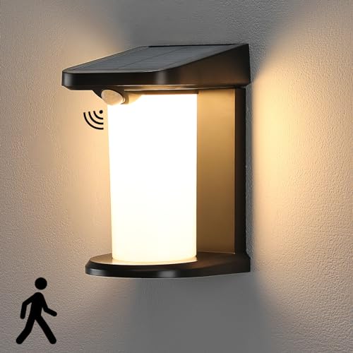 Lightsjoy LED Solar Wandleuchte Aussen mit Bewegungsmelder, Solarlampen für Außen Wand IPX4 Wasserdicht Außenleuchte Wand Außenlampe Warmweiss Außenbeleuchtung für Wand Post Pathway Garten von Lightsjoy