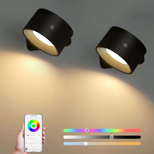 Lightsjoy LED Wandlampe Innen mit Akku Kabellos 2 Stück Schwarz Wandleuchte Dimmbar,App und Touch Control 360° Drehbar Wandlicht RGB 3 Farbtemperaturen für Wohnzimmer,Schlafzimmer,Flur,Treppenhaus von Lightsjoy