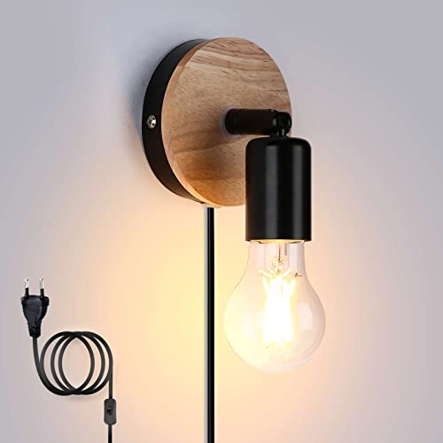 Lightsjoy Wandlampe Innen mit Stecker Industrial Retro 360°+90°Drehbar Schalter Metall Holz Wandbeleuchtung E27 für Reppenhaus Schlafzimmer Wohnzimmer(Ohne Leuchtmittel) von Lightsjoy