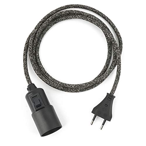 1.8m Plug-In Lampe SCHWARZ-MELANGE, Textilkabel mit Lampenfassung aus Thermoplast (Glattmantel) mit Schalter und Eurostecker von Lightstock