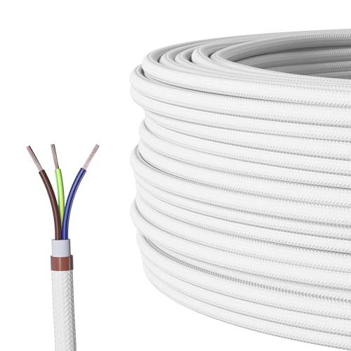 Textilkabel für Lampe, Textilummanteltes Rundkabel, dreiadrig 3x0,75mm², Weiß - Meterware, Preis pro Meter von Lightstock